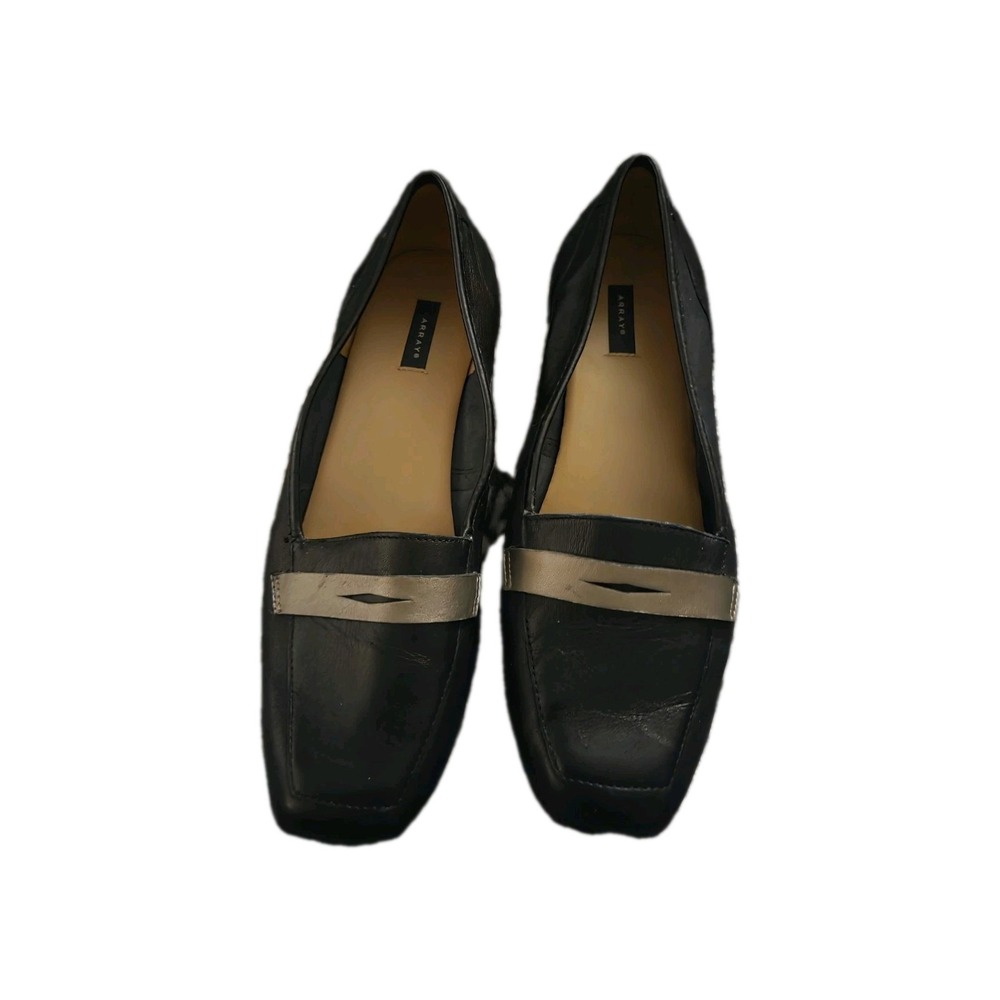 ARRAY Women's 9.5W Black Leather Loafers Slip-On‎ Square Toe Metallic Strap...